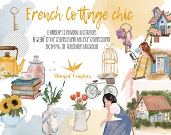 French Cottage Watercolor Clipart, Vintage Bicycle, Flowers (Digital Download)