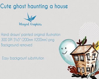 Halloween Watercolor Ghost Illustration: Haunted House PNG File