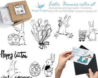Easter bunnies : hand drawin vectorized illustrations (vector eps+png files)