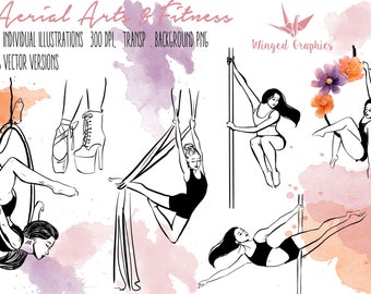 Aerial Fitness Illustrations: Pole Dance, Lyra, Silks (PNG & EPS)