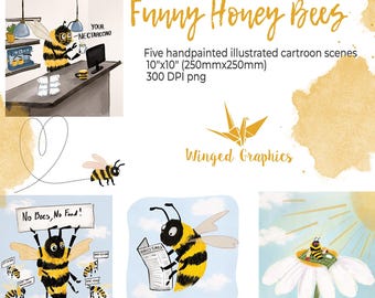 Whimsical Bee Watercolor Clipart Set – Funny Cartoon PNG (300 DPI)