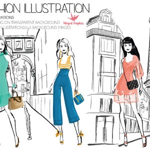 Set of fashion illustrations : summer style (9 fashion illustrations +3 European city backgrounds