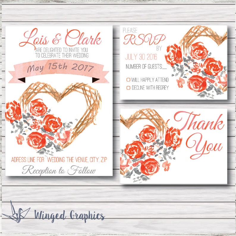 elegant watercolor wedding invitation kit Hand painted unique wedding invitation with a matching Thank You card and RSVP card