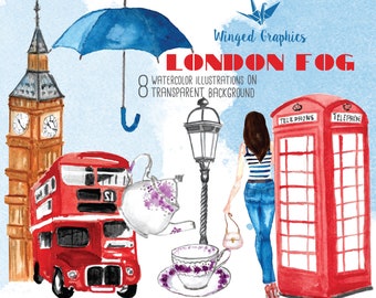 LONDON FOG England, London watercolor handpainted clipart : 8 illustrations on transparent background