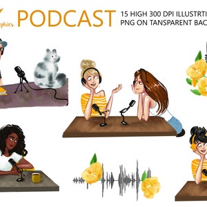 PODCAST : Set of 15 hand drawn illustrations 300 DPI, transparent background 300 DPI