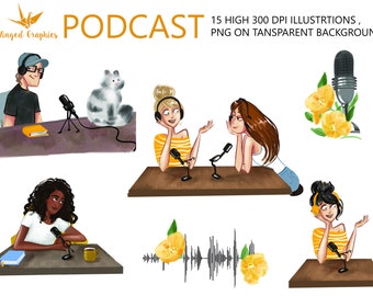 Podcast Illustrations: Hand-Drawn Clip Art Set (Digital Download)
