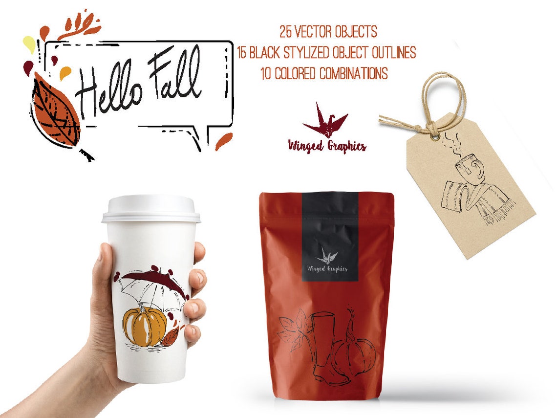 Fall / Autumn Themed Vector Illustrations, Clipart Set of 25 (15 Black ...