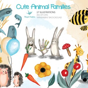 Familles mignonnes d’animaux de bébé : ensemble de 17 illustrations, illustrations d’enfants, illustrations d’enfants, livre pour enfants,