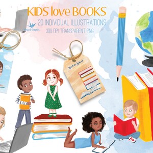 kids reading / back to school illustration clip art set : set of 20 individual illustrations on transparent background 300 DPI