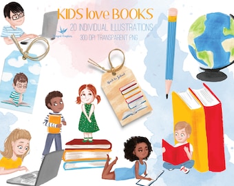 May include: A set of 20 illustrations featuring children reading books, a globe, a pencil, and stacks of books. The illustrations are in a cartoon style and are perfect for use in educational materials or children's books.