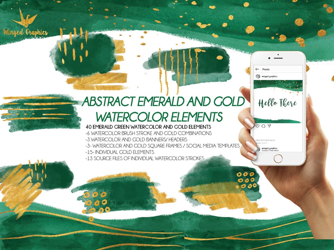 40 Abstract Modern Emerald Green and Gold Watercolor Elements / Brush ...