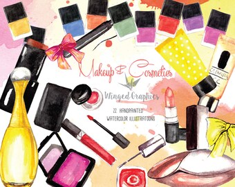 May include: Watercolor illustration of makeup and cosmetics, including lipstick, nail polish, perfume, eyeshadow, and eyeliner. The illustration is in a bright, colorful style and includes the text "Makeup & Cosmetics" and "Winged Graphics".