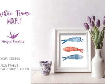 mockup: white shabby Chic frame with a vase of flowers