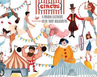 circus arts: set 16 individual illustrations (300 dpi, png on transparent background)