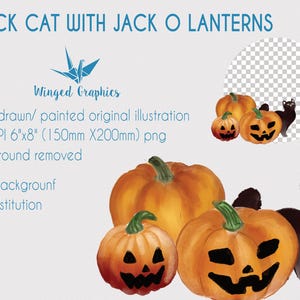 以下が含まれることがあります： オレンジ色のジャック・オ・ランタンと黒猫のイラスト。画像には「BLACK CAT WITH JACK O LANTERNS」と「Winged Graphics」の文字が含まれています。元のイラストは150mm x 200mmです。
