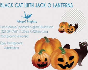 Watercolor Halloween Illustration: Black Cat, Jack O'Lanterns (PNG)