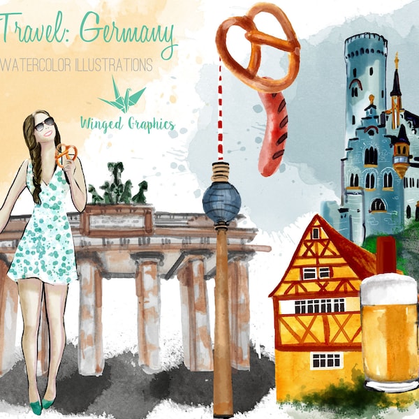 Germany Travel Watercolor clipart:  8 illustrations on transparent background