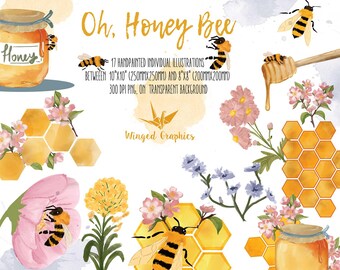 Honey Bee Watercolor Clipart Set | Rustic Floral PNG Illustrations (Digital Download)