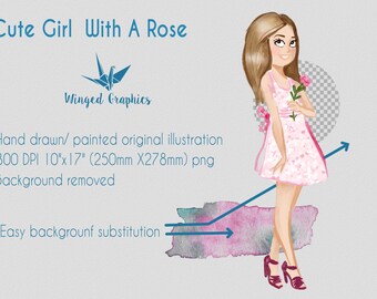 Cute Girl in a pink sundress holding a rose/ hand painted watercolor illustration/ commercial illustration / 300 DPI transparent background