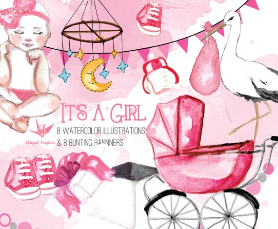 It S A Girl Baby Girl 8 Illustrations Clipart And 8 Etsy