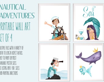 Printable Wall Art for Kids - Nautical Adventure Theme | Hand-Painted Watercolors of Pirates and Mermaids | Multiple Sizes Available