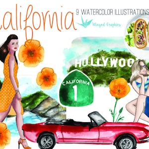 Travel Watercolor illustration/ Clipart set : California (Los Angeles)