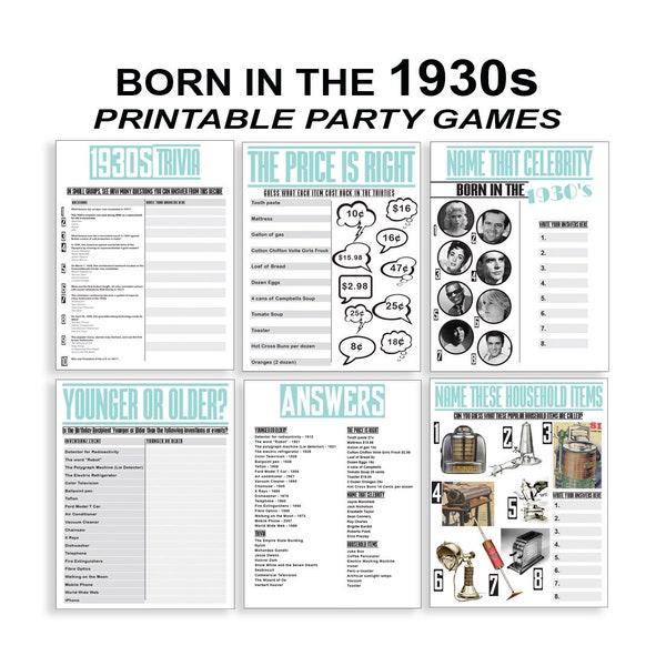 Born in 1930s, 90th birthday party games, 90th birthday games, 90 birthday games, 85th birthday games | 5 x Printable Party Games