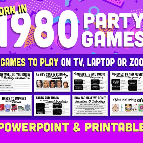 NEW - 43rd Birthday Party Games, Born in 1980 Trivia Game, 43rd Birthday Games for Women and Men, Powerpoint Presentation and Printable Game