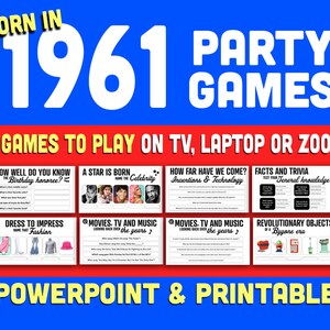 NEW - 62nd Birthday Party Games, Born in 1961 Trivia Game, 62 Birthday Games for Women and Men, Powerpoint Presentation and Printable Game