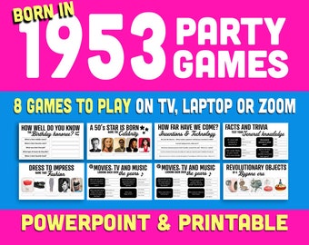 NIEUW - 70e verjaardagsfeestspellen, geboren in 1953 Trivia-spel, 70e verjaardagsspellen voor dames en heren, Powerpoint-presentatie en afdrukbaar spel