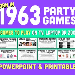 NEW - 60th Birthday Party Games, Born in 1963 Trivia Game, 60th Birthday Games for Women and Men, Powerpoint Presentation and Printable Game