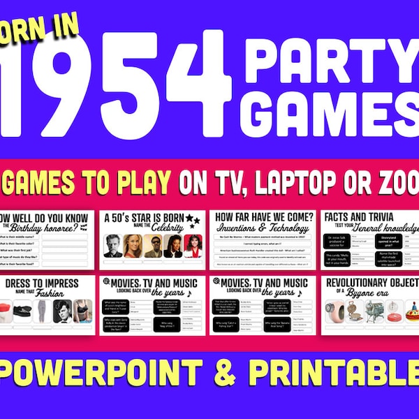 NEW - 69th Birthday Party Games, Born in 1954 Trivia Game, 69th Birthday Games for Women and Men, Powerpoint Presentation and Printable Game
