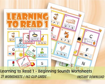 Learning to Read - Part 1 - Printable Beginning Sounds Worksheets / Clip Cards - Kindergarten-1st Grade