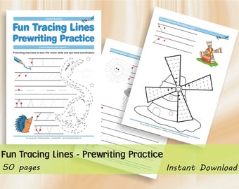 May include: A stack of white paper pages with the title "Fun Tracing Lines - Prewriting Practice" in blue and black. The pages feature prewriting exercises for kids, including tracing lines, shapes, and images of a swan, hedgehog, and windmill. The text "50 pages" and "Instant Download" are also visible.