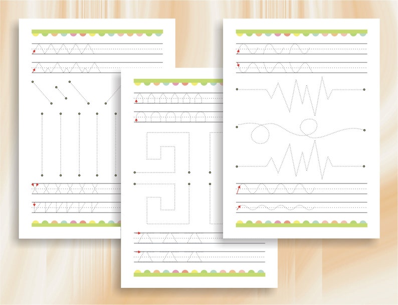 May include: Four printable worksheets with dotted lines for tracing various shapes, including zigzags, circles, and squares. The worksheets have a colorful border with a scalloped edge.