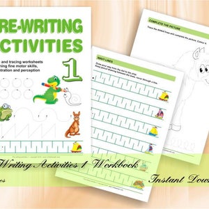 Op de afbeelding: Een werkboek met de titel "Voor-schrijfactiviteiten 1" met een groene omslag waarop een cartoon-kikker, een hagedis en een slak te zien zijn. Het werkboek heeft 52 pagina's en is bedoeld voor het trainen van fijne motoriek, concentratie en perceptie.