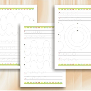 May include: Four printable worksheets with dotted lines for tracing various shapes, including circles, waves, and zigzags. The worksheets have a colorful border with a scalloped edge.