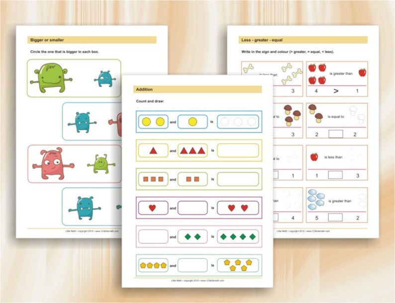 May include: A printable worksheet for kids to practice math skills. The worksheet has two sections: "Bigger or Smaller" and "Addition". The "Bigger or Smaller" section has four rows of two cartoon monsters each. The "Addition" section has six rows of colorful shapes with instructions to count and draw.