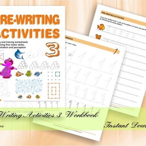 Op de afbeelding: Een werkboek met de titel "Pre-Writing Activities 3" met een kleurrijke omslag met een cartoon-dinosaurus, een beer en vissen. Het werkboek is 46 pagina's lang en bevat traceer- en schrijfactiviteiten voor kleuters.