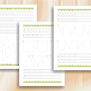 May include: Three printable worksheets for kids to practice tracing lines and shapes. The worksheets feature dotted lines for tracing, and include shapes like zigzags, squares, triangles, and curved lines.