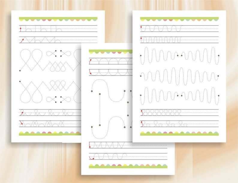 May include: Four black and white printable worksheets with dotted lines for tracing various shapes and patterns. The worksheets include lines, circles, zigzags, waves, and hearts.