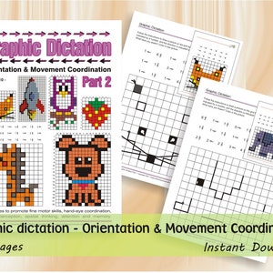 Puede incluir: Una hoja de trabajo imprimible para que los niños practiquen la dictado gráfico. La hoja de trabajo presenta una cuadrícula con instrucciones para dibujar una imagen de un zorro, un cohete, un búho, una fresa, una jirafa, un perro, un gato y un elefante. La hoja de trabajo se titula "Dictado gráfico - Orientación y coordinación de movimientos - Parte 2".