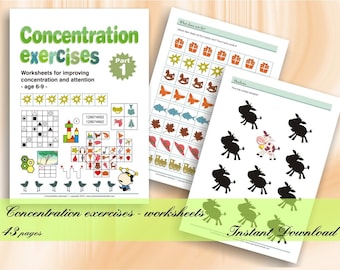 Concentration exercises for kids - Part 1 (age 6-9) | 43 printable worksheets with solutions | Download Digital Printable Workbook