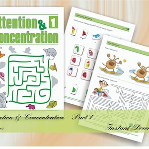May include: A workbook titled "Attention & Concentration" for ages 6-9. The cover features a green maze with a mouse and hats. The book is part of a series and is 51 pages long. The text "Instant Download" is also visible.