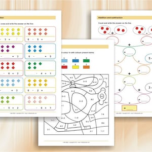 May include: A printable worksheet for kids to practice addition and subtraction with colorful illustrations of dots and diamonds. The worksheet includes a color-by-number activity with a picture of a park.