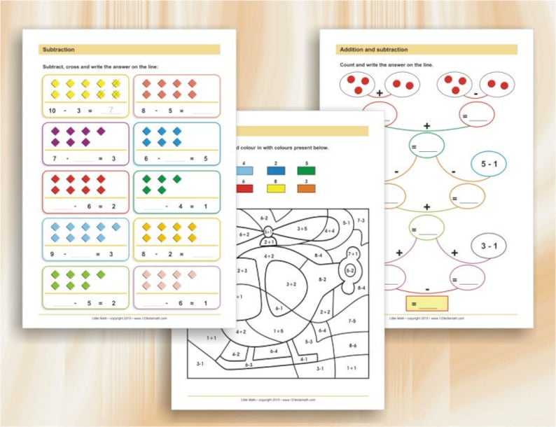 May include: A printable worksheet for kids to practice addition and subtraction with colorful illustrations of dots and diamonds. The worksheet includes a color-by-number activity with a picture of a park.