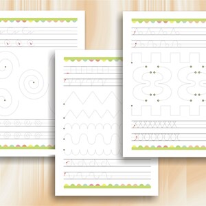 May include: Four printable worksheets with dotted lines for tracing various shapes, including circles, spirals, zigzags, and wavy lines. The worksheets have a colorful border with scalloped edges.