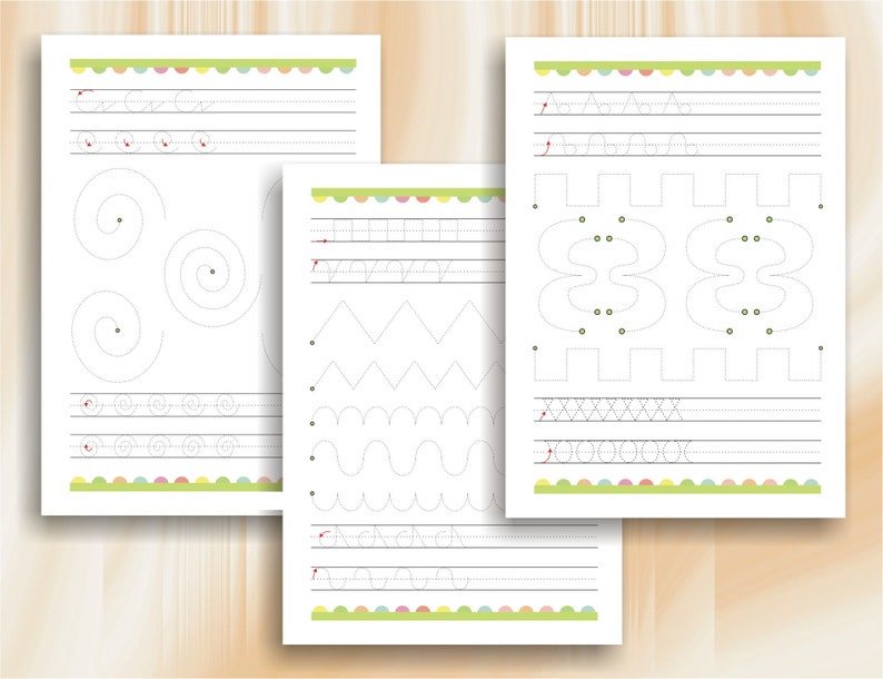 May include: Four printable worksheets with dotted lines for tracing various shapes, including circles, spirals, zigzags, and wavy lines. The worksheets have a colorful border with scalloped edges.