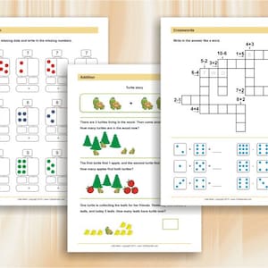 May include: A printable worksheet with addition problems for kids. The worksheet features images of dots, turtles, and apples. The worksheet also includes a crossword puzzle with math problems.