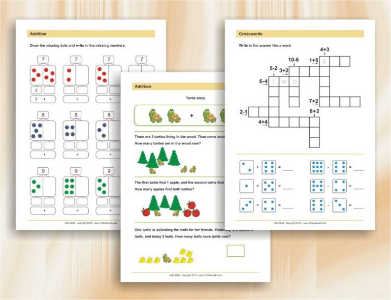 May include: A printable worksheet with addition problems for kids. The worksheet features images of dots, turtles, and apples. The worksheet also includes a crossword puzzle with math problems.